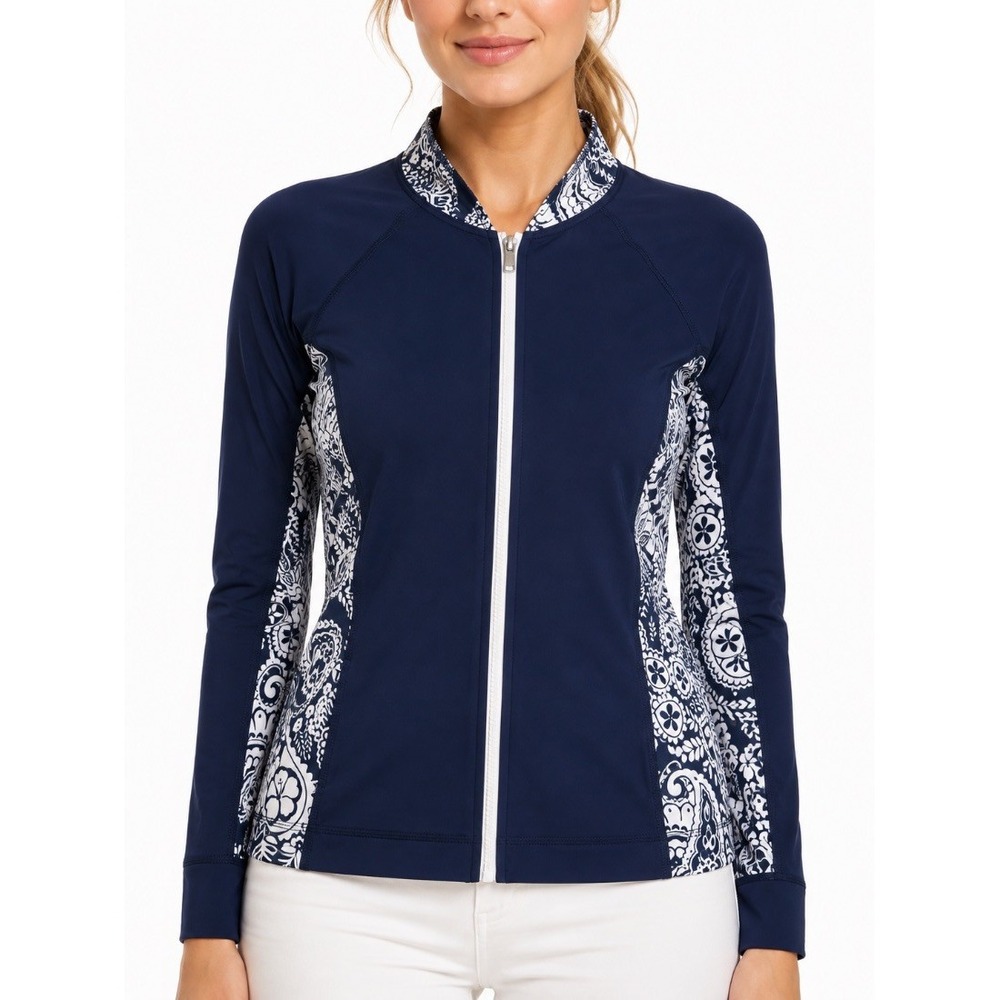 Tommy Bahama Womens Full Zip Jacket Navy Blue Paisley Print Rash Guard S